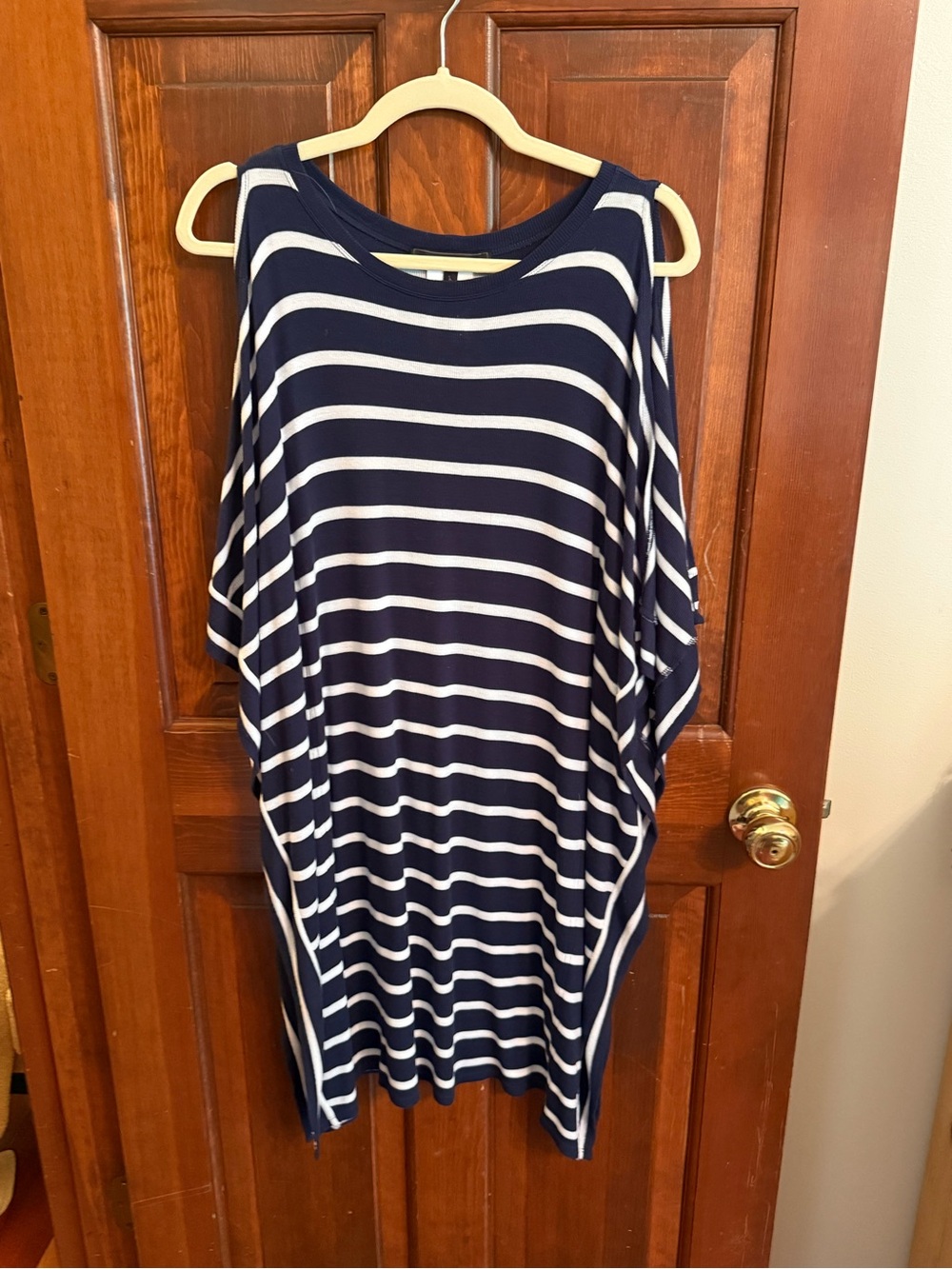 BCBGMaxAzria Navy and White Striped Cold-Shoulder Midi Dress